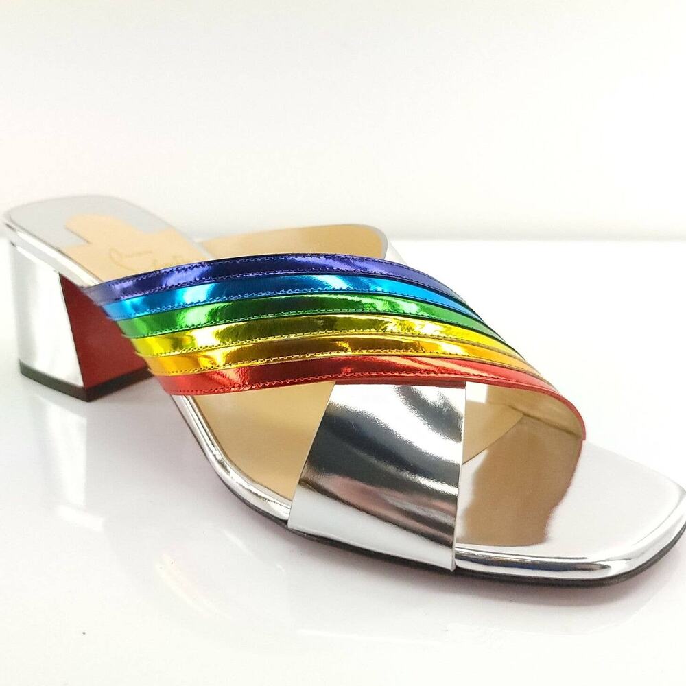 Christian Louboutin Arkenmule 55 Silver Rainbow Slide Sandal SZ 38.5 NIB